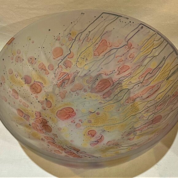 Rueven Art Glass Bowl Nouveau Art Pink Yellow Gray Hand Made 8.75" D x 4" H - Picture 6 of 6
